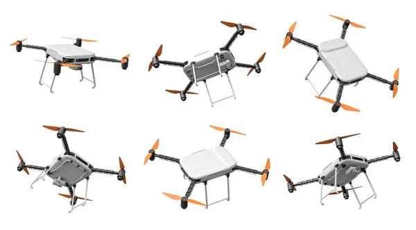 3D απόδοση ενός συνόλου 6 drones με κάμερες, που εμφανίζονται από διαφορετικές γωνίες σε λευκό φόντο. — Φωτογραφία Αρχείου