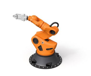 Turuncu robotik kolun beyaz arka planda duran gri kavrama aleti..