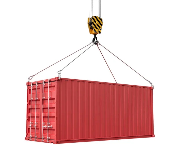 3D візуалізація закритого червоного вантажного контейнера, підвішеного з крана, ізольовано на білому тлі . — стокове фото