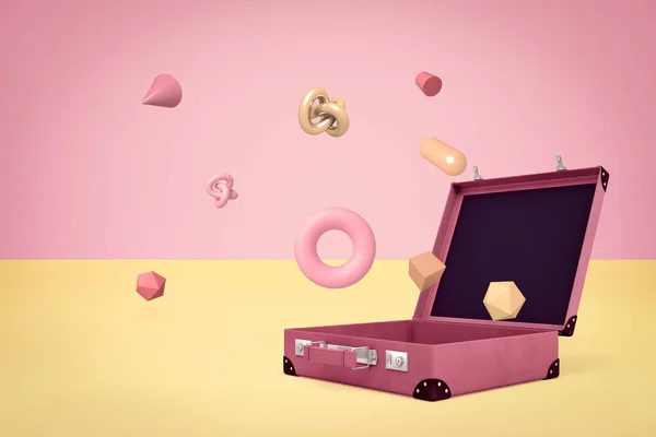 3D візуалізація відкритої валізи з випадковими об'єктами на жовтому рожевому фоні — стокове фото