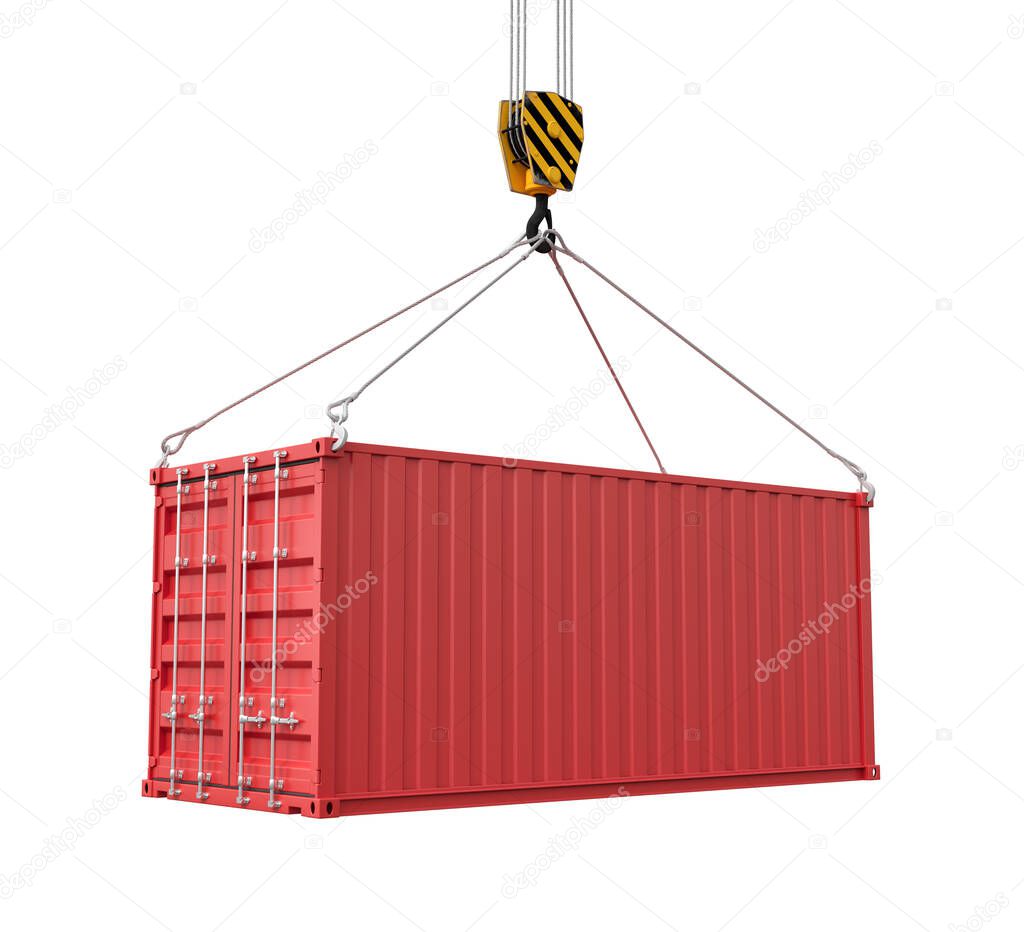 3d rendering of closed red cargo container suspended from crane, isolated on white background.