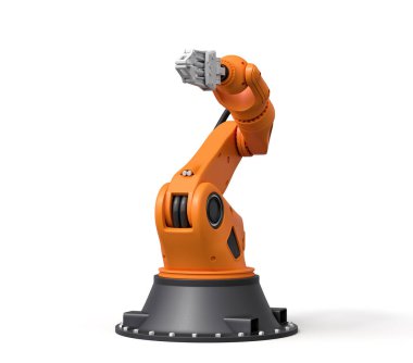 Turuncu robotik kolun beyaz arkaplanda 3 boyutlu görüntülenmesi