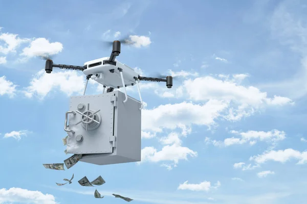3D-återgivning av vit drönare bär öppen bank säker med dollar faller ut på blå himmel bakgrund — Stockfoto