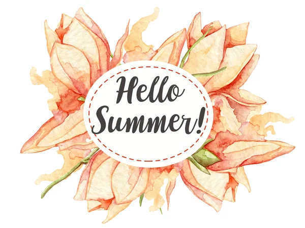 Bonjour carte d'été avec des feuilles et des fleurs aquarelle. Invitation florale — Photo