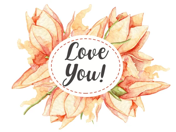 Te amo tarjeta Con hojas de acuarela y flores. Invitación floral —  Fotos de Stock