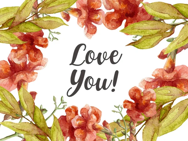 Te amo tarjeta con flores de acuarela —  Fotos de Stock