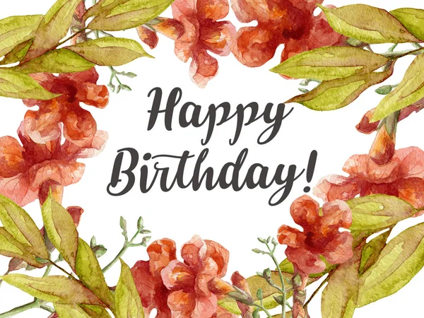 Happy birthday card with watercolor flowers — Stock Photo, Image