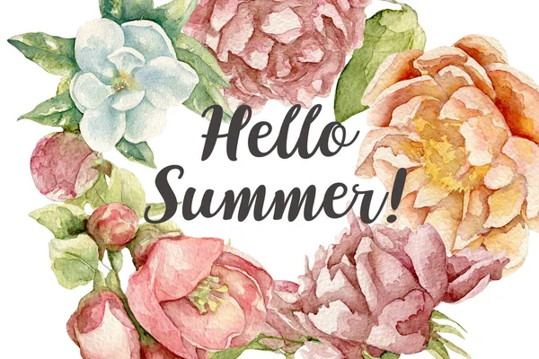 Olá cartão de verão com flores aquarela — Fotografia de Stock