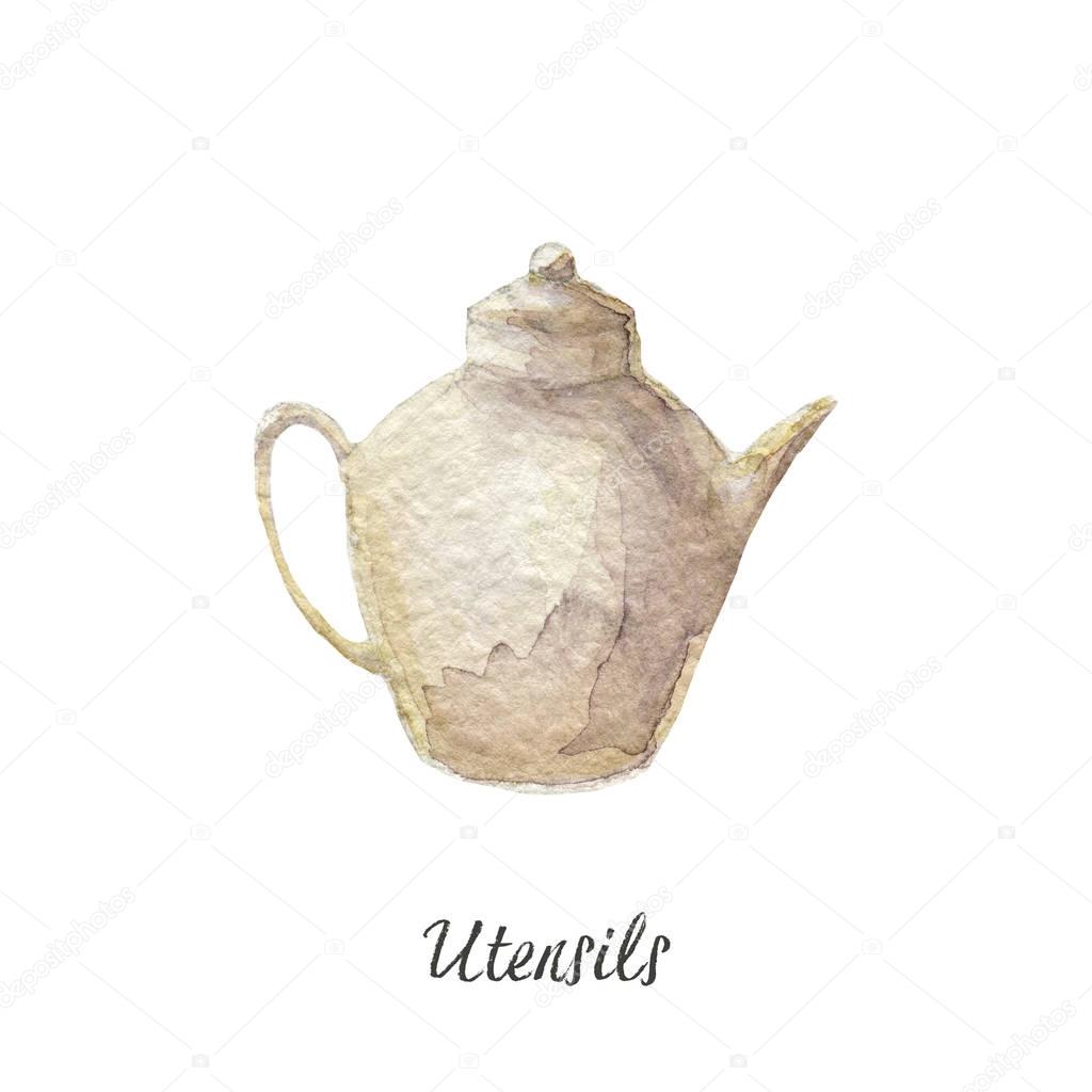 Enamel and porcelain teapots, coffeepot, watercolor illustration on white Kitchen Utensils series