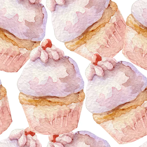Aquarellmuster mit Cupcakes. Hand auf weißem Hintergrund gezeichnet. — Stockfoto