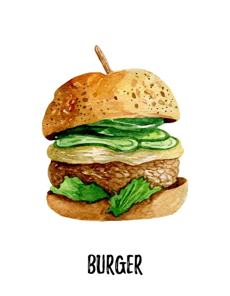 Ilustrație burger. Acuarelă desenată manual pe fundal alb . — Fotografie, imagine de stoc