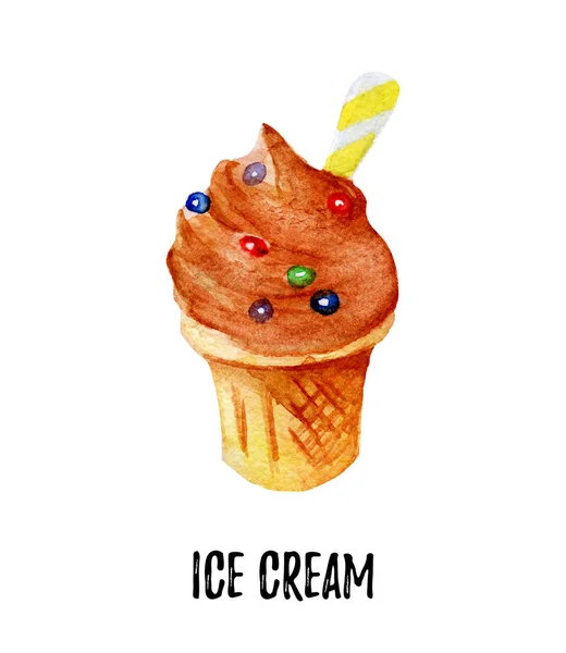 アイスクリームのイラストです。白い背景の手描き水彩. — ストック写真