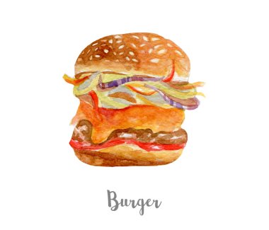 Burger illüstrasyon. Beyaz arka plan üzerine elle çizilmiş suluboya