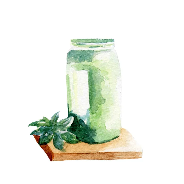 Illustrazione fresco frullato verde. Acquerello disegnato a mano su sfondo bianco . — Foto Stock