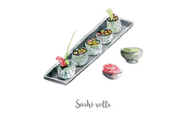 suşi şekil alır. Beyaz arka plan üzerine elle çizilmiş suluboya.