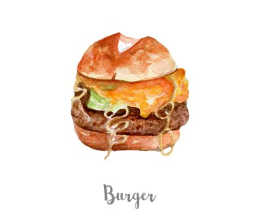 Burger illüstrasyon. Beyaz arka plan üzerine elle çizilmiş suluboya