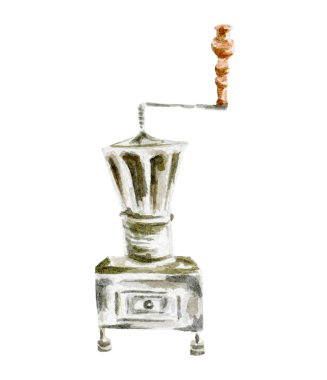 Kahve değirmeni illüstrasyon. Beyaz arka plan üzerine elle çizilmiş suluboya.