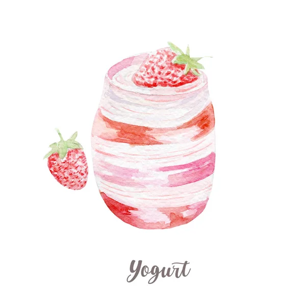 新鲜的酸奶的插图。白色背景上的手画的水彩. — 图库照片