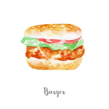 Burger illüstrasyon. Beyaz arka plan üzerine elle çizilmiş suluboya