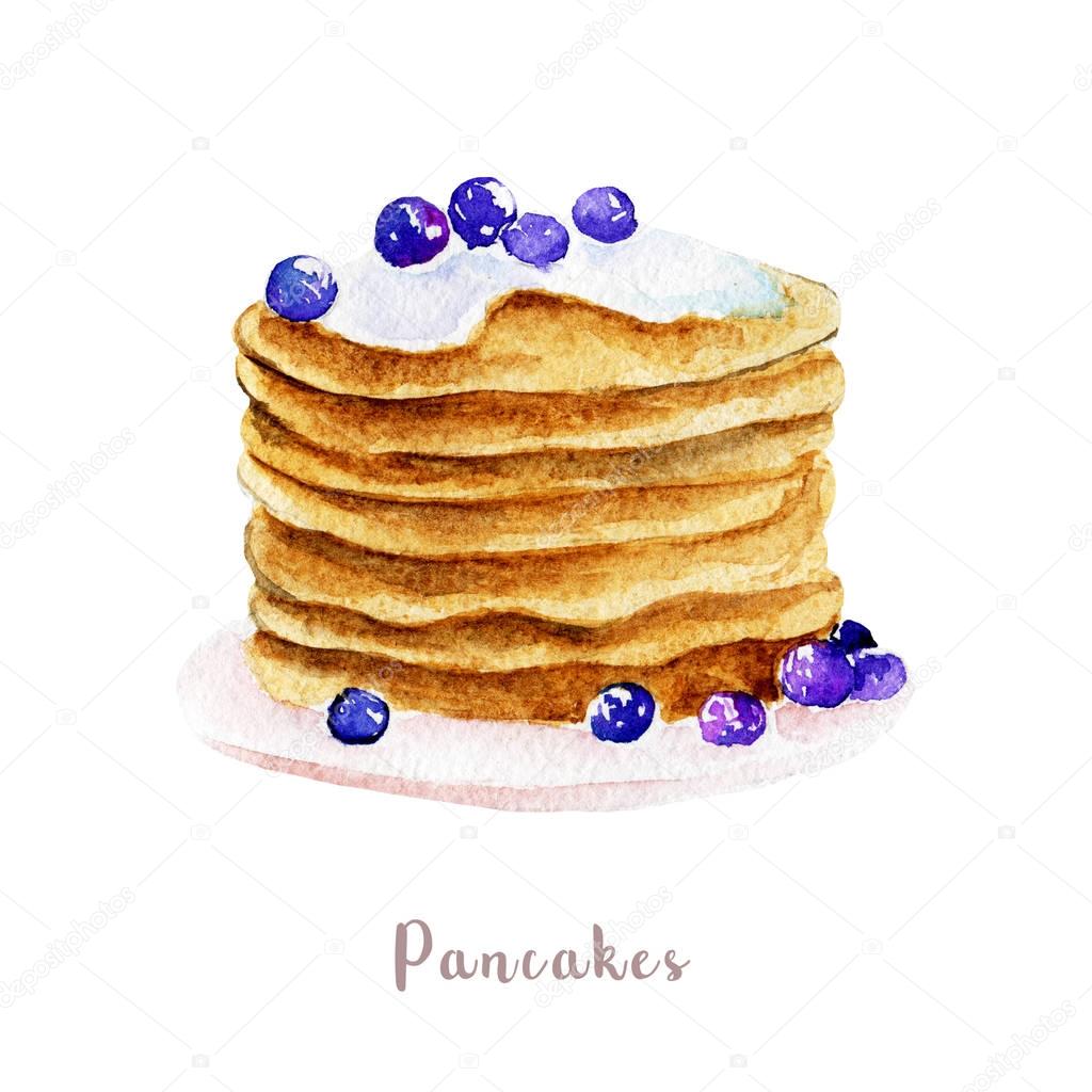 Watercolor hand drawn pancakes. Isolated dessert illustration on white background