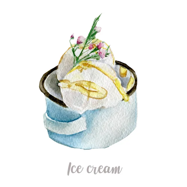 Gelado desenhado à mão aquarela. Isolado sobremesa ilustração no fundo branco — Fotografia de Stock