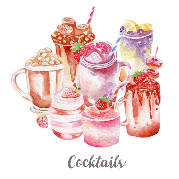 cocktails illustration. Hand drawn watercolor on white background.