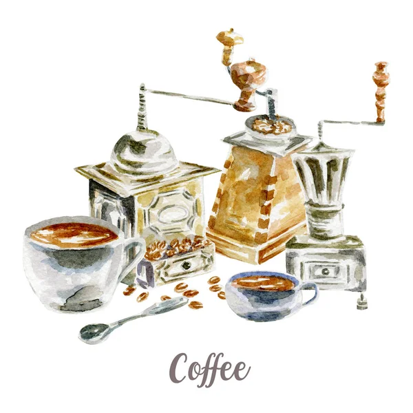 Ilustración café. Acuarela dibujada a mano sobre fondo blanco . — Foto de Stock