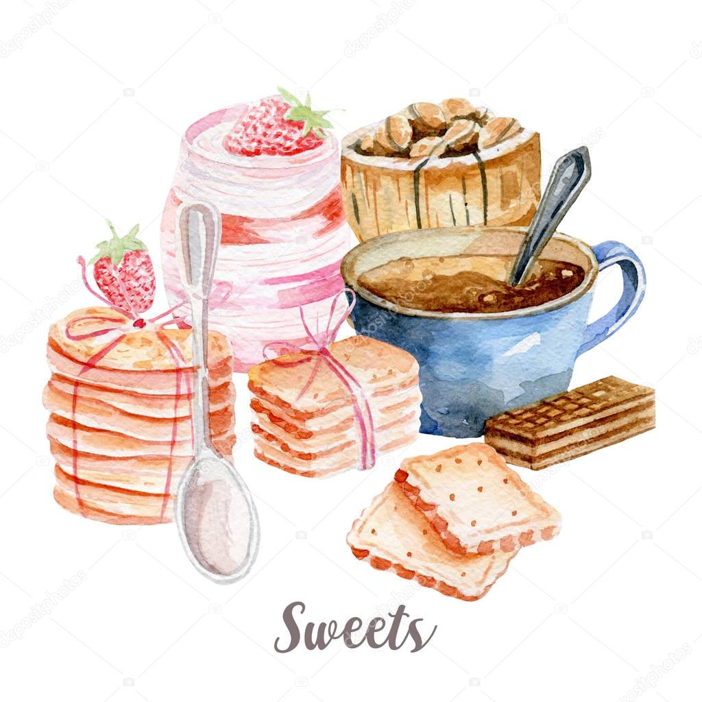Coffee and sweets illustration. Hand drawn watercolor on white background.