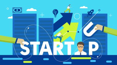 İş başlangıç kelime tipografi ile çizgi kutsal kişilerin resmi yazı vektör yaratıcı çizim