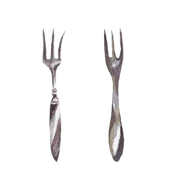 2 forks drawing by watercolor, hand drawn illustration — Stock Photo, Image