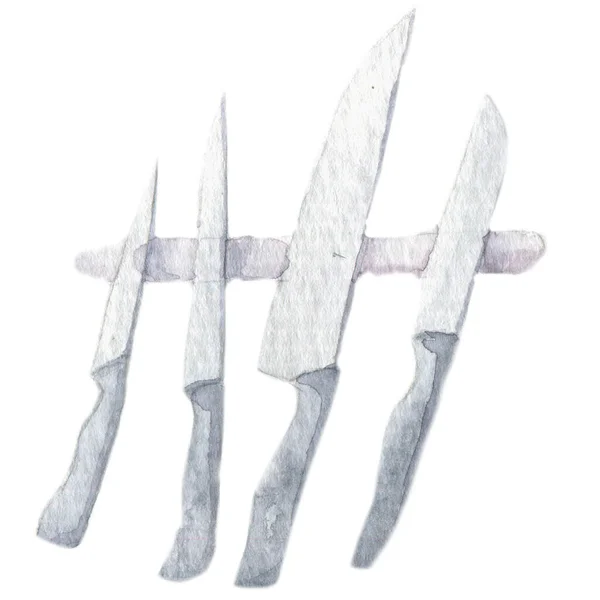 Акварельный эскиз набора ножей на белом фоне — стоковое фото