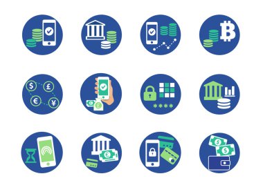 Vektör dijital bankacılık simgeleri ve sembolleri. Finans ve çevrimiçi bankacılık kavramları için izole edilmiş düz tasarım piktogramlar.