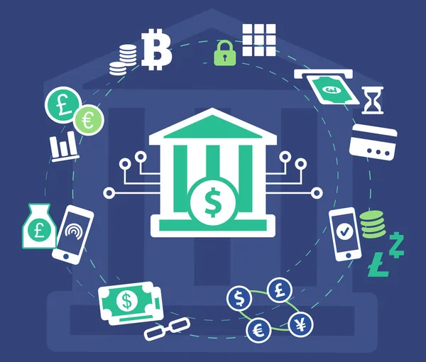 Icônes Symboles Bancaires Numériques Vectoriels Pictogrammes Plats Pour Concepts Finance — Image vectorielle