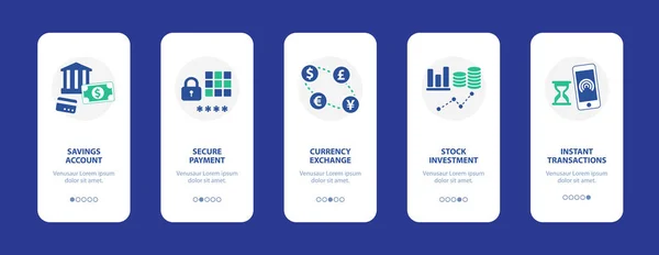 モバイルオンボーディング画面はオンラインバンキングアプリ用に設計されています ベクトルデジタル銀行のアイコンや記号 モバイル使用のための金融とデジタルバンキングの概念の独立したフラットデザインのピクトグラム ロイヤリティフリーストックベクター