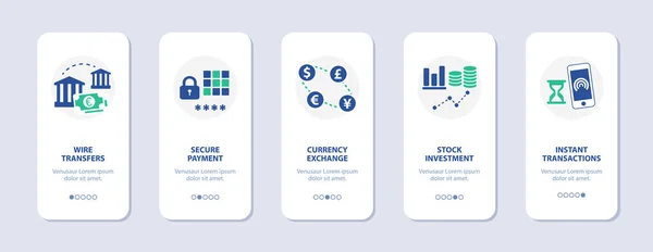 モバイルオンボーディング画面はオンラインバンキングアプリ用に設計されています ベクトルデジタル銀行のアイコンや記号 モバイル使用のための金融とデジタルバンキングの概念の独立したフラットデザインのピクトグラム ストックイラスト