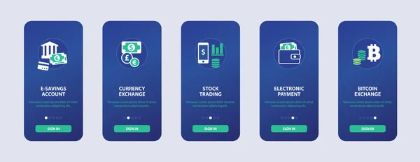 モバイルオンボーディング画面はオンラインバンキングアプリ用に設計されています ベクトルデジタル銀行のアイコンや記号 モバイル使用のための金融とデジタルバンキングの概念の独立したフラットデザインのピクトグラム ロイヤリティフリーのストックイラスト