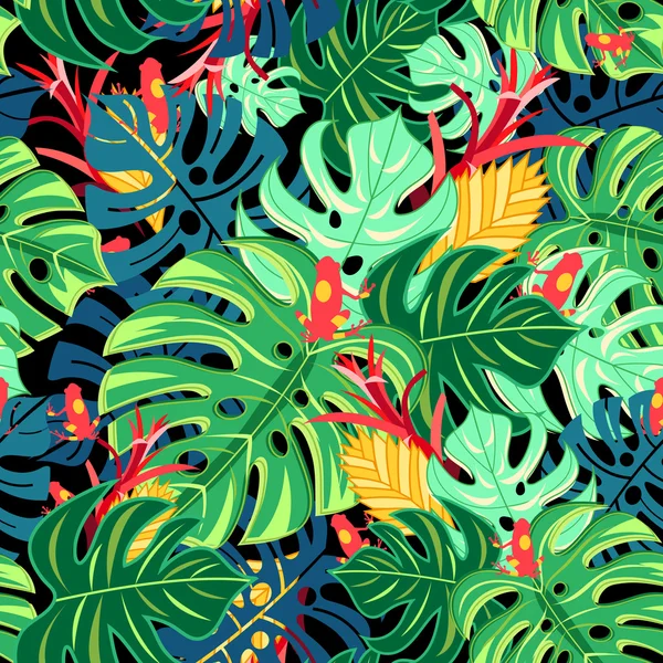 Hermoso patrón hojas monstera y ranas — Archivo Imágenes Vectoriales