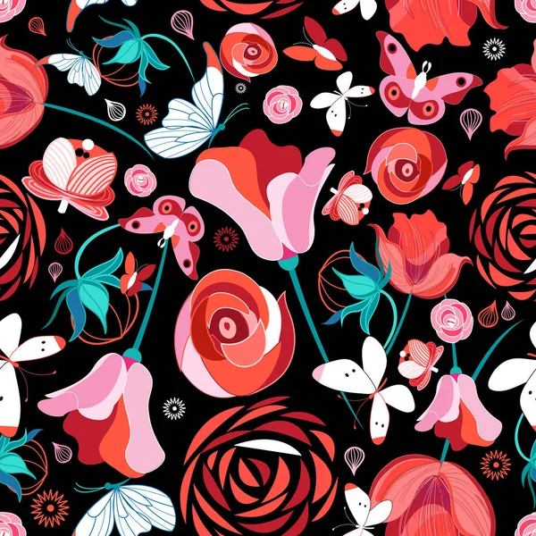 花のパターンと蝶 — ストックベクタ
