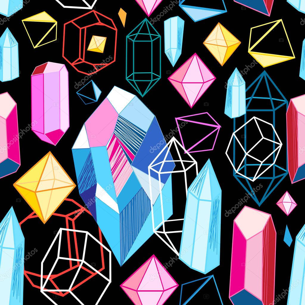 Vector pattern of multi-colored crystals on a black background