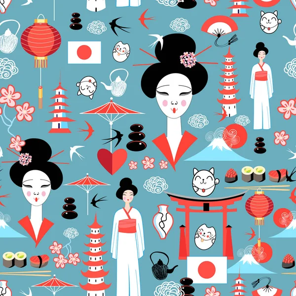 Pattern with various elements of Japanese — Stock Vector