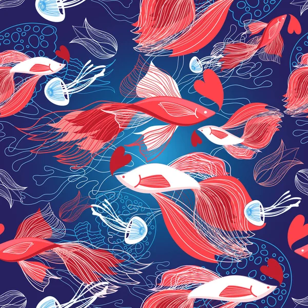 Naadloze heldere patroon liefhebbers rode vis — Stockvector