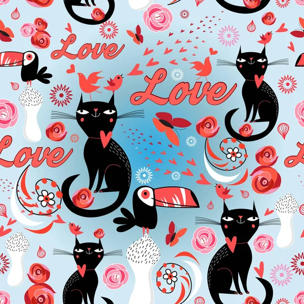 Seamless festive pattern with lovers cats — Stock Vector