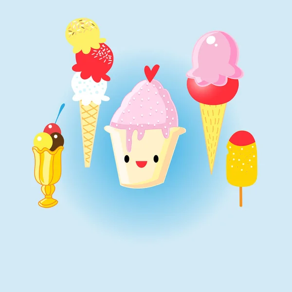 Conjunto gráfico de delicioso helado alegre — Archivo Imágenes Vectoriales