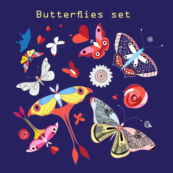 Vector set of various beautiful butterflies — Stock Vector