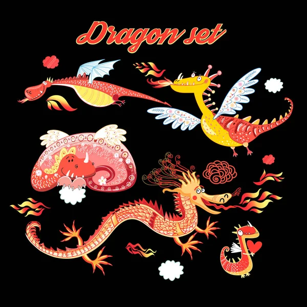 Ensemble vectoriel de dragons drôles adorables — Image vectorielle