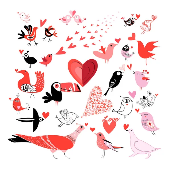 Beautiful set of graphics much in love with birds — Stock Vector