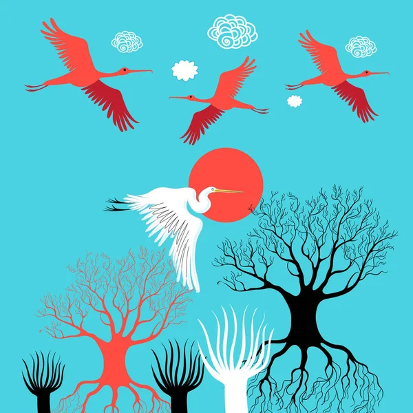 Ilustración vectorial con garzas e ibises — Vector de stock