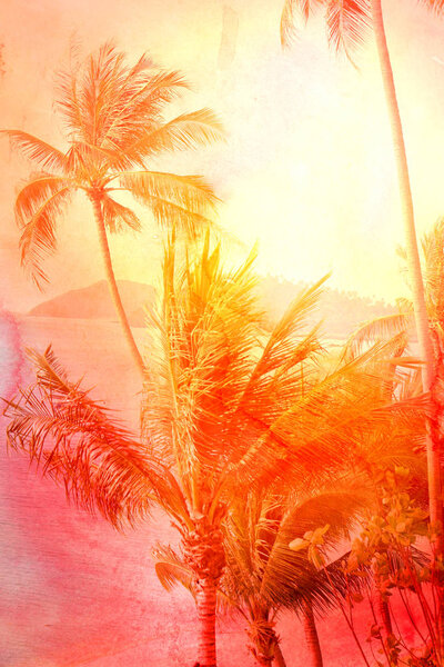 Retro photo of a beautiful watercolor of palm trees