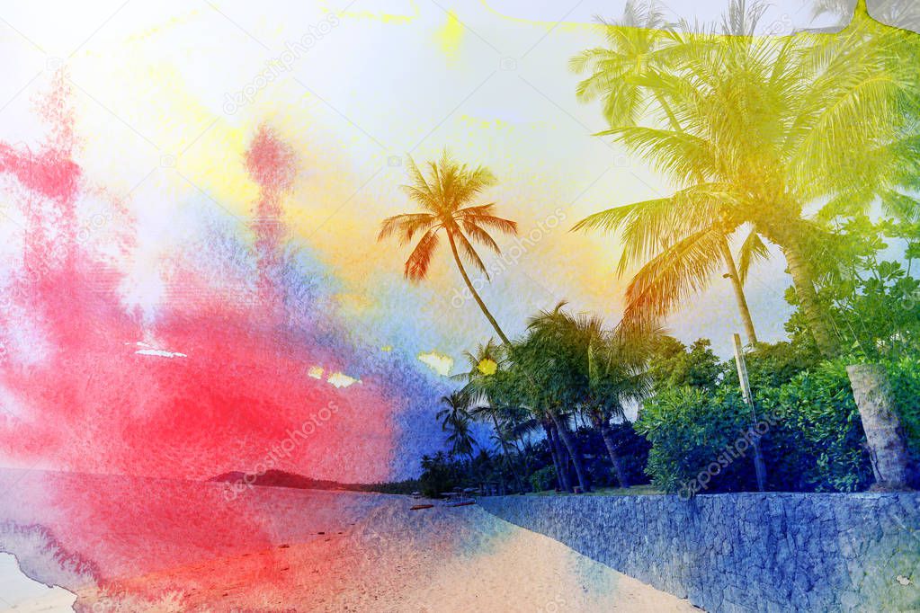 Retro photo of a beautiful watercolor of palm trees