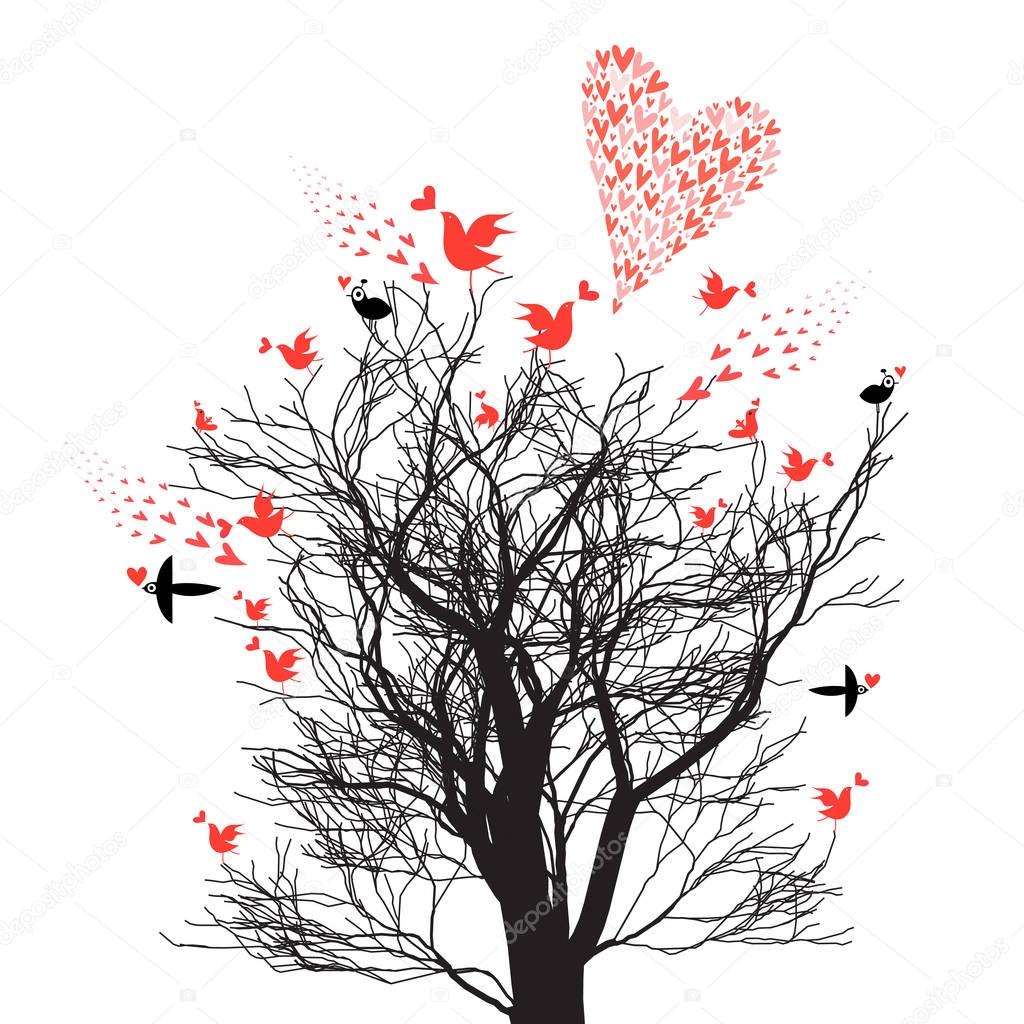 Graphics design tree with love birds and hearts